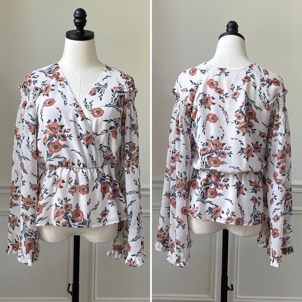 June & Hudson Bell Sleeve Crossfront Peplum Blouse Floral Chiffon M